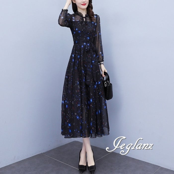 ロング丈 フリルカラー ワンピース ドレス 肌透け きれいめ 3色 (M3577)αγ