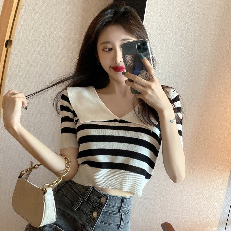 半袖Tシャツレディース2020年夏ニューネットレッドインタイドネイビーラペルカラーマッチングストライプショートニットトップス 1号婦人13296927126