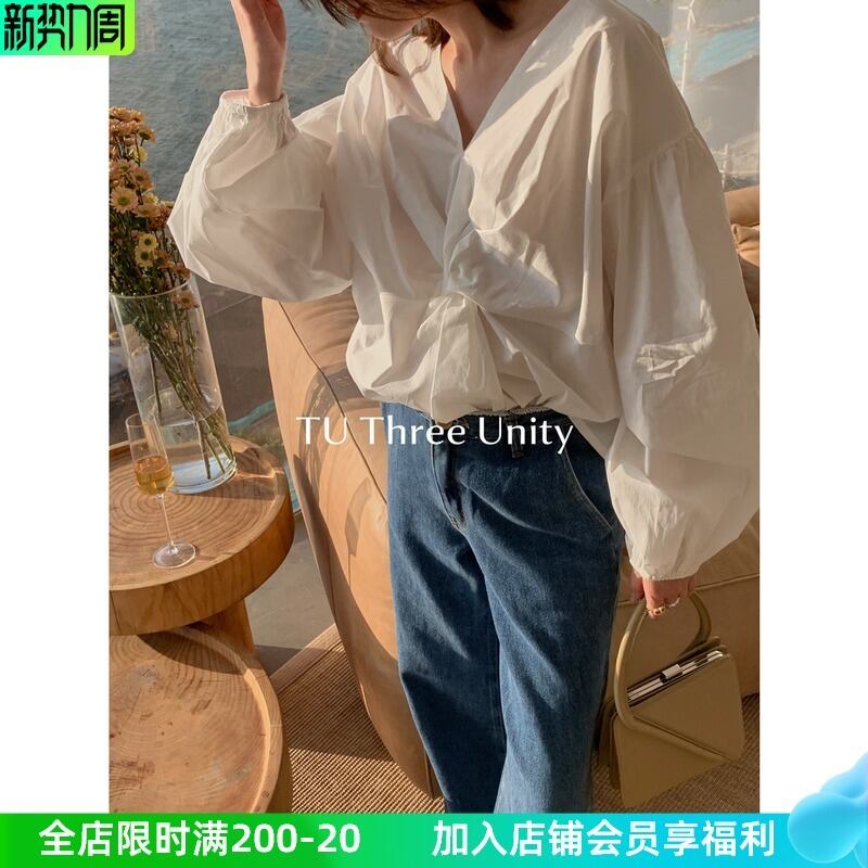 スタイルバックVネックシャツ ソリッド カラートップス レディース ランタンスリーブ ソリッドカラー ビッグFスモールZ韓国83823562305