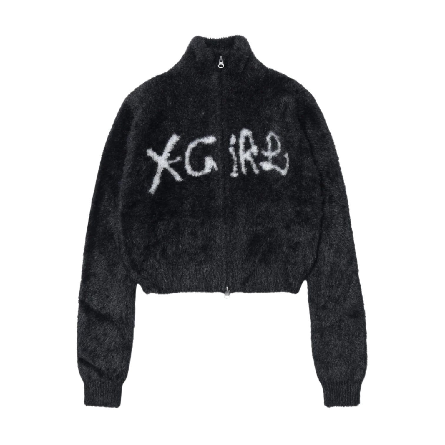 【x-girl】LOGO JACQUARD ZIP UP SHAGGY KNIT TOP【エックスガール】