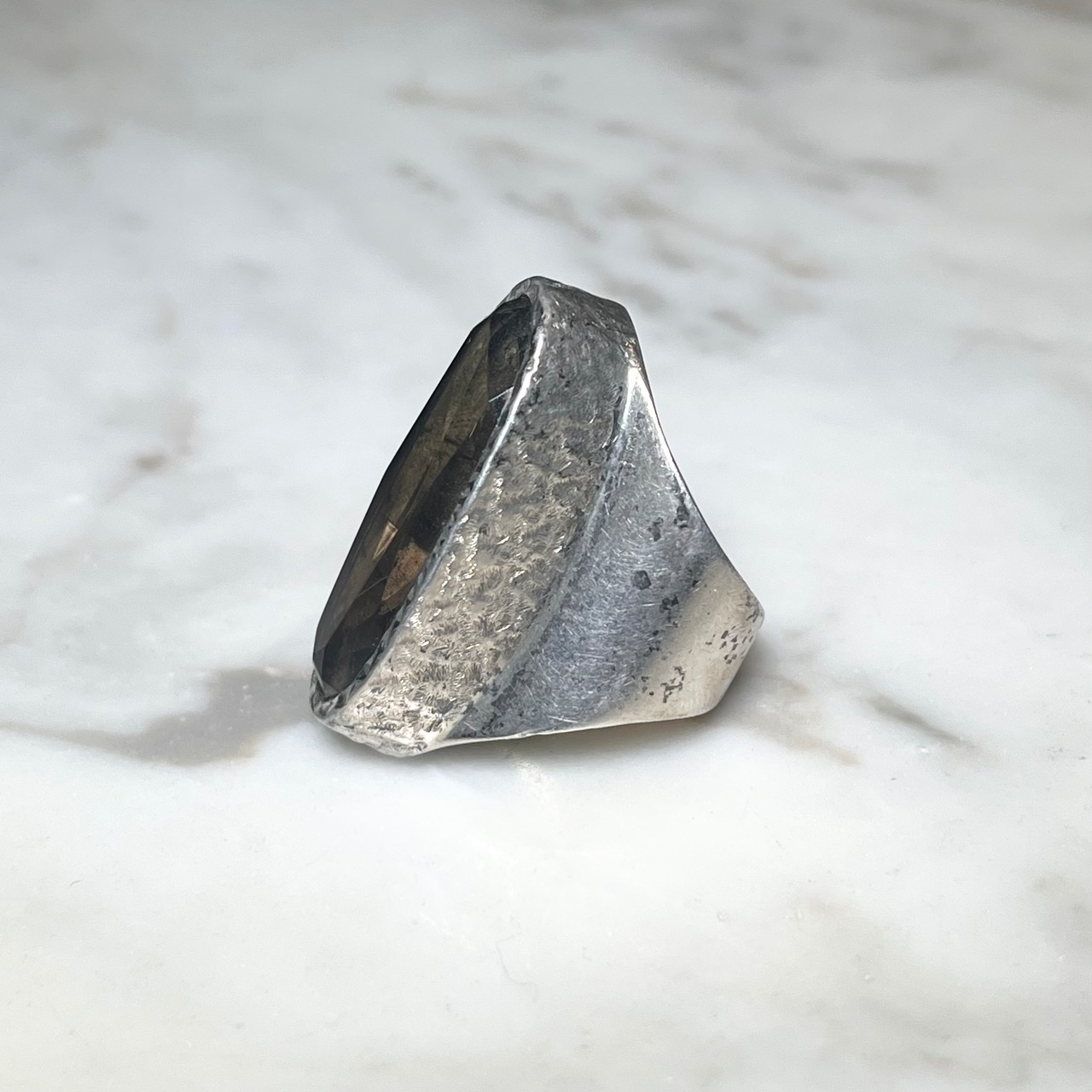 vintage silver wide engraved ring set with smoky quartz made in England