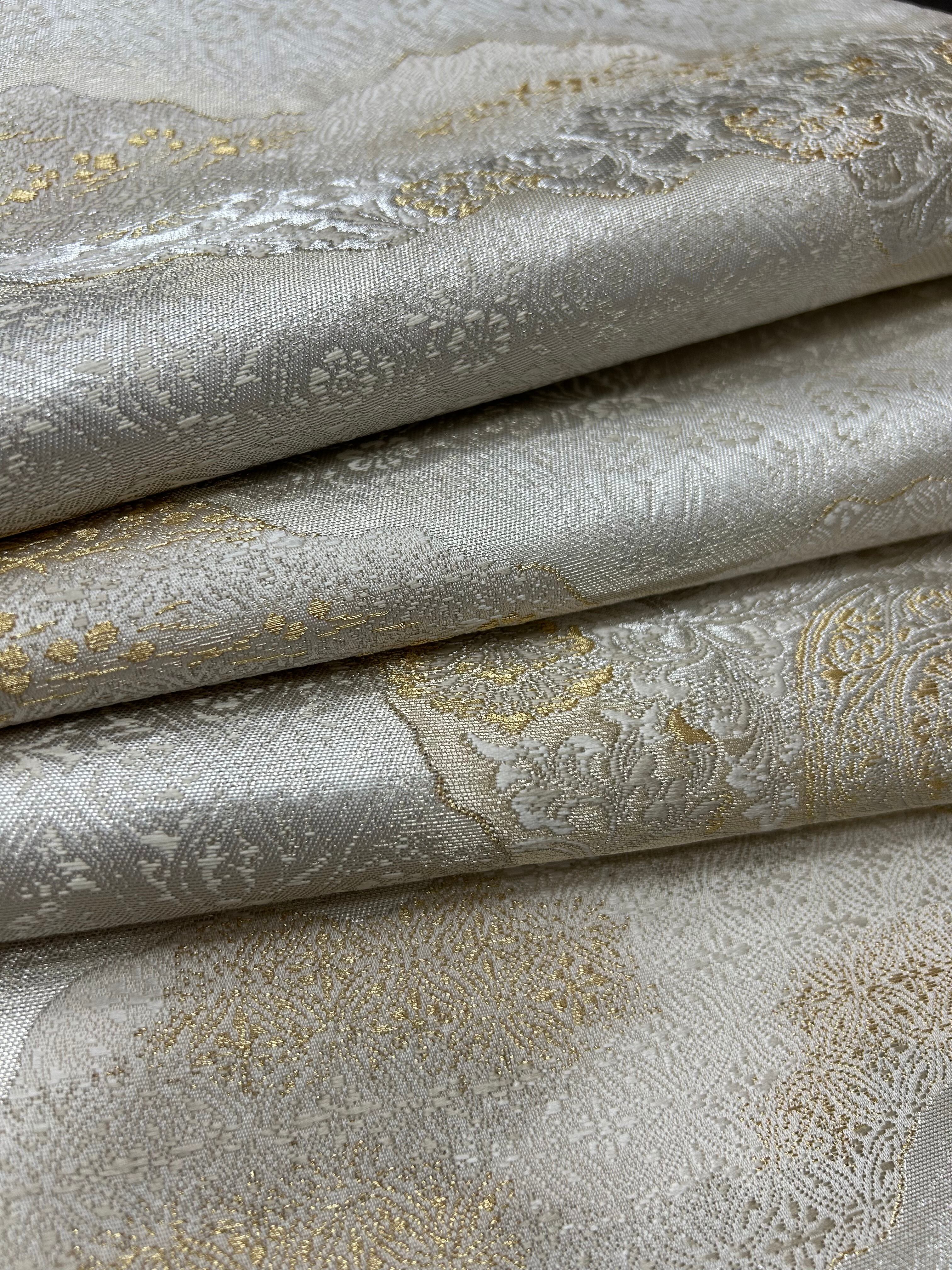 【美品】正絹 袋帯 銀通し 霞に南天模様 435cm 袋帯 西陣 加納幸 落款有り 長さ 440㎝ Q5898 | 着物 ひょうたん堂