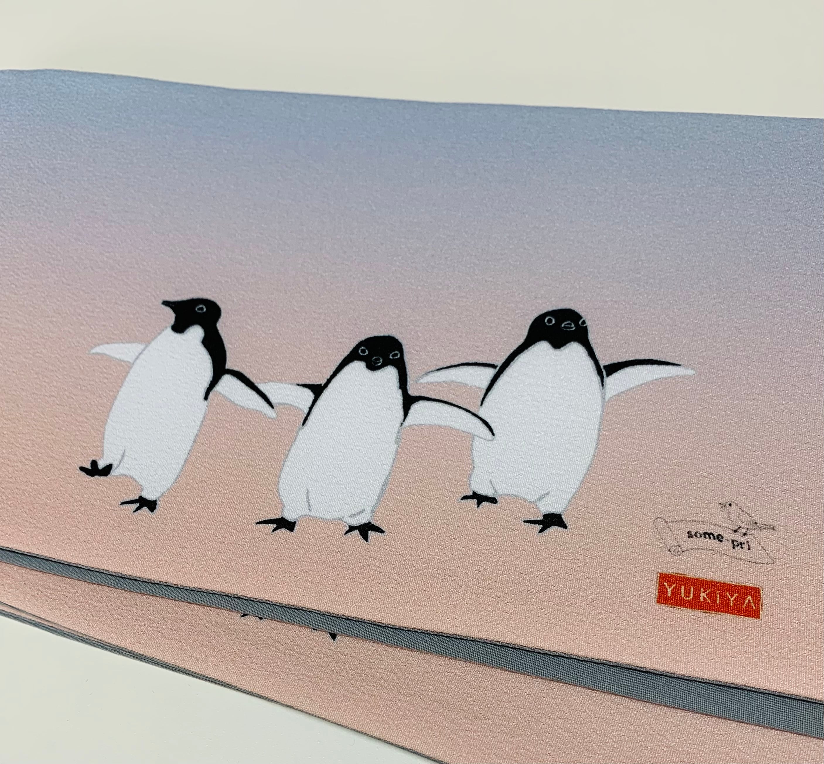 ペンギンデザイン 半幅帯 水色 some-pri 半幅帯 「アデリーペンギン」水色×薄桃色gd | 染工房