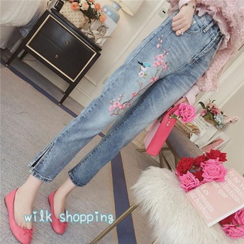 デニムパンツ レディース スキニー 刺繍 花柄 スリット ボトムス ジーンズ ストレッチ 伸びる 細身 アンクル丈 美脚 カジュアル スリム 薄手 秋