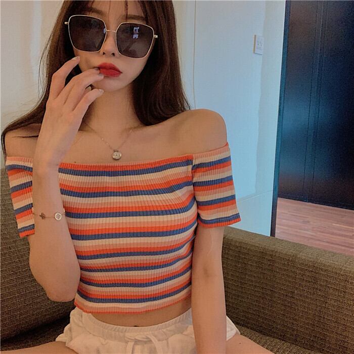 カラーストライプTシャツ スリムトップス レディース ドラファッションホール980123174