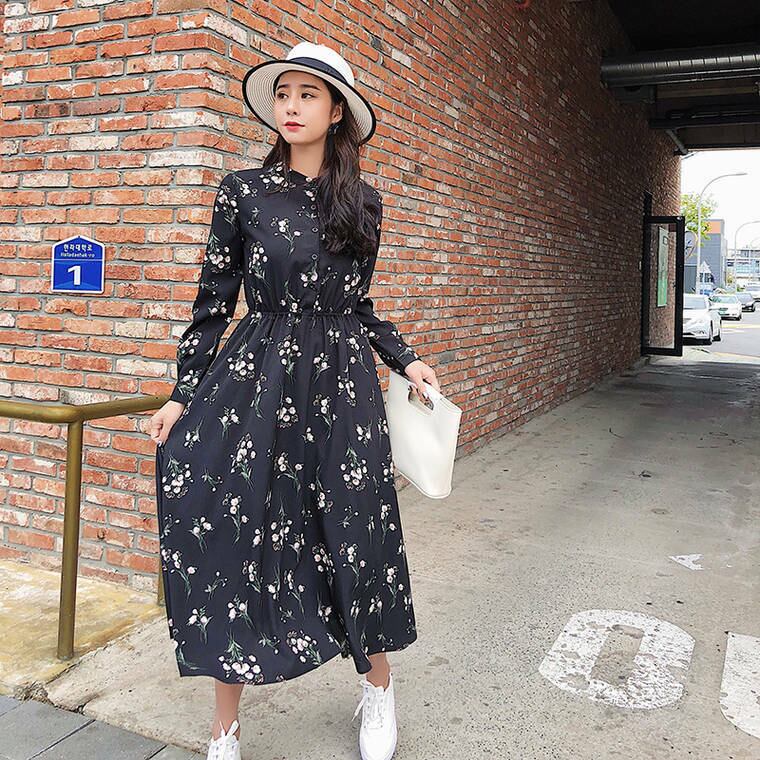 花柄ワンピース 黒 花柄 ワンピース レディース ヴィンテージ レトロ レトロガール コーデ きれいめコーデ 春 長袖 ロング丈 小花柄 19 大きいサイズ 膝下 1659 Sayurio レディースアパレル ファッション プチプラ アラサー アラフォー