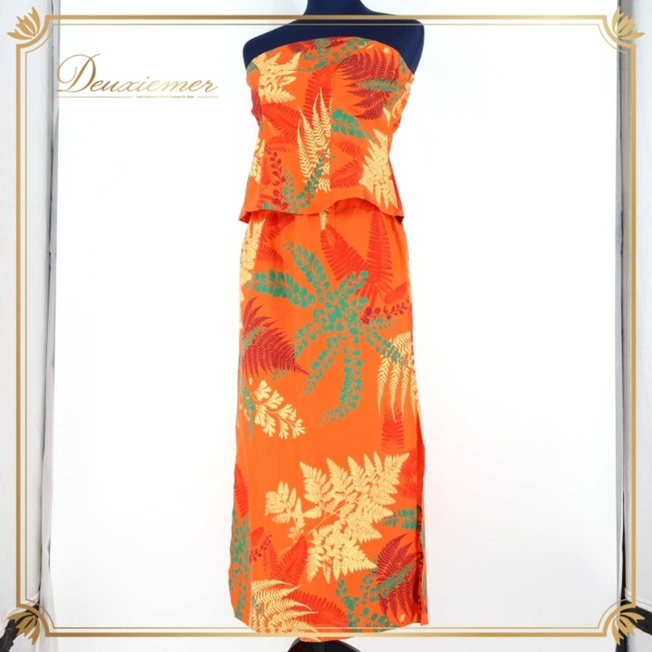 フラダンス 衣装 ツーピース セットアップ 上下セット オレンジ系 アロハスタンダード 日本製 ハワイアンプリント グランジ加工 アロハ かわいい 華やか 鮮やか おしゃれ ALOHA STANDARDS グリーン系 イエロー系 レッド系 橙 緑 黄 赤 フラ ダンス フラダンス衣装 セットアップ ハワイアン アロハ柄 レディース スリットスカート ステージ衣装