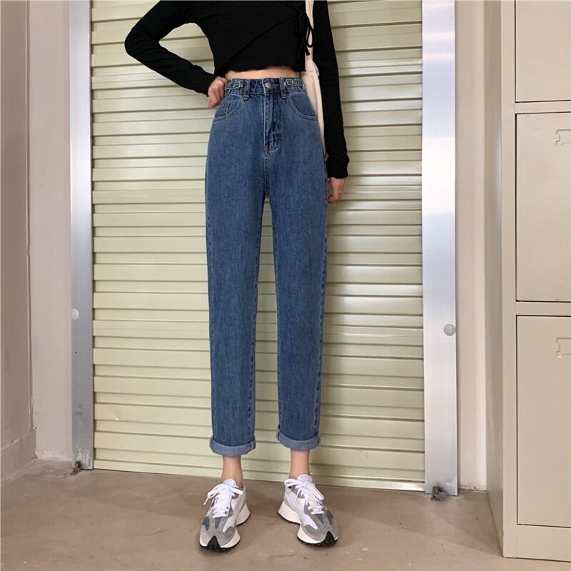 スタンダードブルーハイウェストウェストジーンズ スプリングルーズ薄手パンツ レトロ 春物 YY-ファッション55483903841