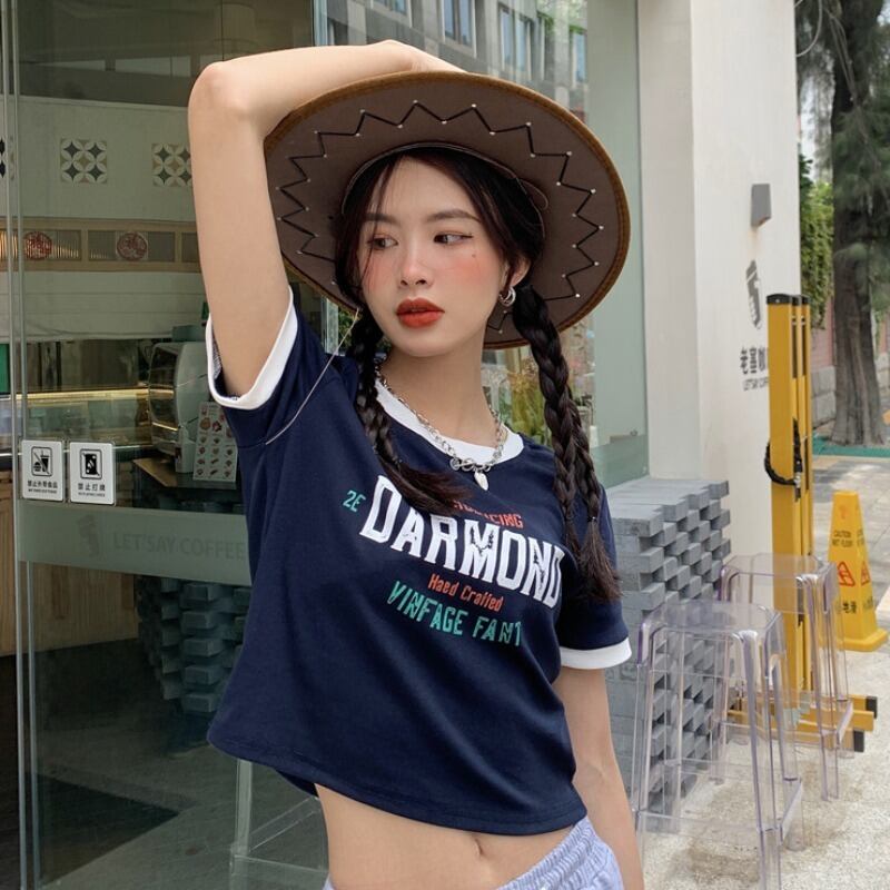 サマーカラープリントラウンドネックショートトップス Tシャツ レディース 夏物 Oネック YY-ファッション87327549779