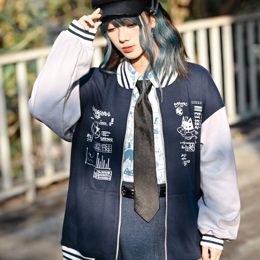 闇に刻む方程式 中華ゴシック スタジアムジャンパー ネイビー×グレー 古怪舎|WithU