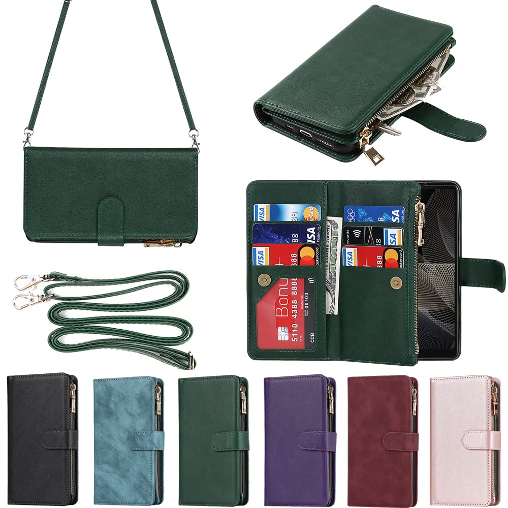 Eastwave for Sony Xperia Ace II SO-41B ケース for Xperia L5 / Ace 2 SO41B 縄掛けケース 手帳型 財布型 ICカード コインポケット ストラップ付き カード 収納 小銭入れ ファスナーポケット付き PUレザー 6色 グリーン