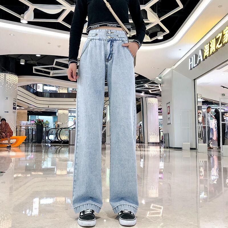【新作】【送料無料】 女性のためのハイウエストジーンズ 2021 春の新スタイル痩身ルーズストレートワイドレッグパンツドレープフロアレングスパンツトレンディ 0318651741557