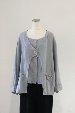 Euro linen button design collarless blouse