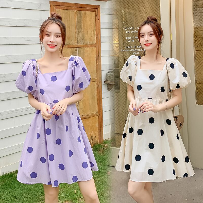 【新作】【送料無料】 マタニティウェア2020夏の新しいコットンリネンポルカドットスクエアネックドレス小さな新鮮なミドル丈ドレス妊婦-アリババ サマー 夏物 スクウェア expec226314235173