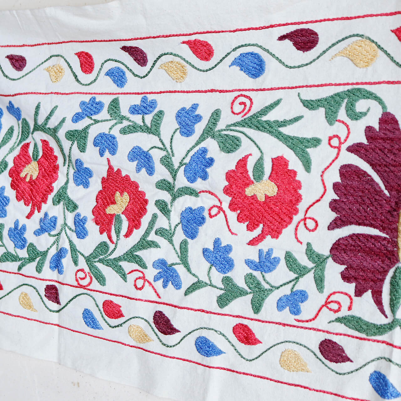 1点もの】スザニ刺繍 タペストリー ピンク ブルー 系 フラワー 花 植物