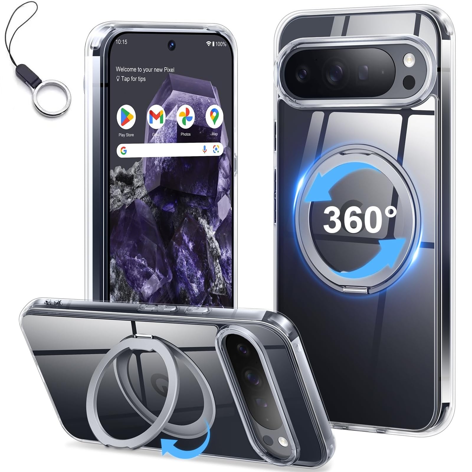 【360°回転スタンド】Google Pixel 6A ケースMagSafe対応 グーグル ピクセル6A ケース マグネット搭載 スタンド機能360°回転可能【横縦両立/角度自由調整】 カバー 純正 薄型 クリア 耐衝撃 落下防止 車載ホルダー対応 ワイヤレス充電 全面保護(Google Pixel6Aクリア)