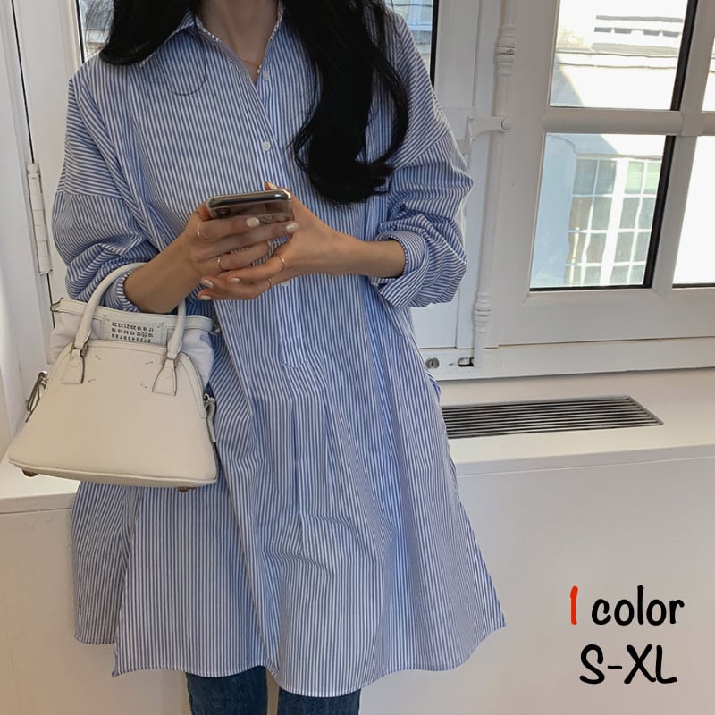 シャツ ロングシャツ 長袖シャツ ストライプシャツ ストライプ レディース トップス 長袖 襟付き ポロカラー ボタン 前開き オーバーサイズ ルーズ ゆったり レトロ カジュアル きれいめ 上品 清楚 お洒落 日焼け止め 普段使い 普段着 日常使い お出かけ デート 女子会 休日 春 ブルー 青 S M L XL 10代 20代 30代 大人かっこいい コーデ コーディネート 韓国 ファッション オルチャン お取り寄せ 送料無料 hll-1334