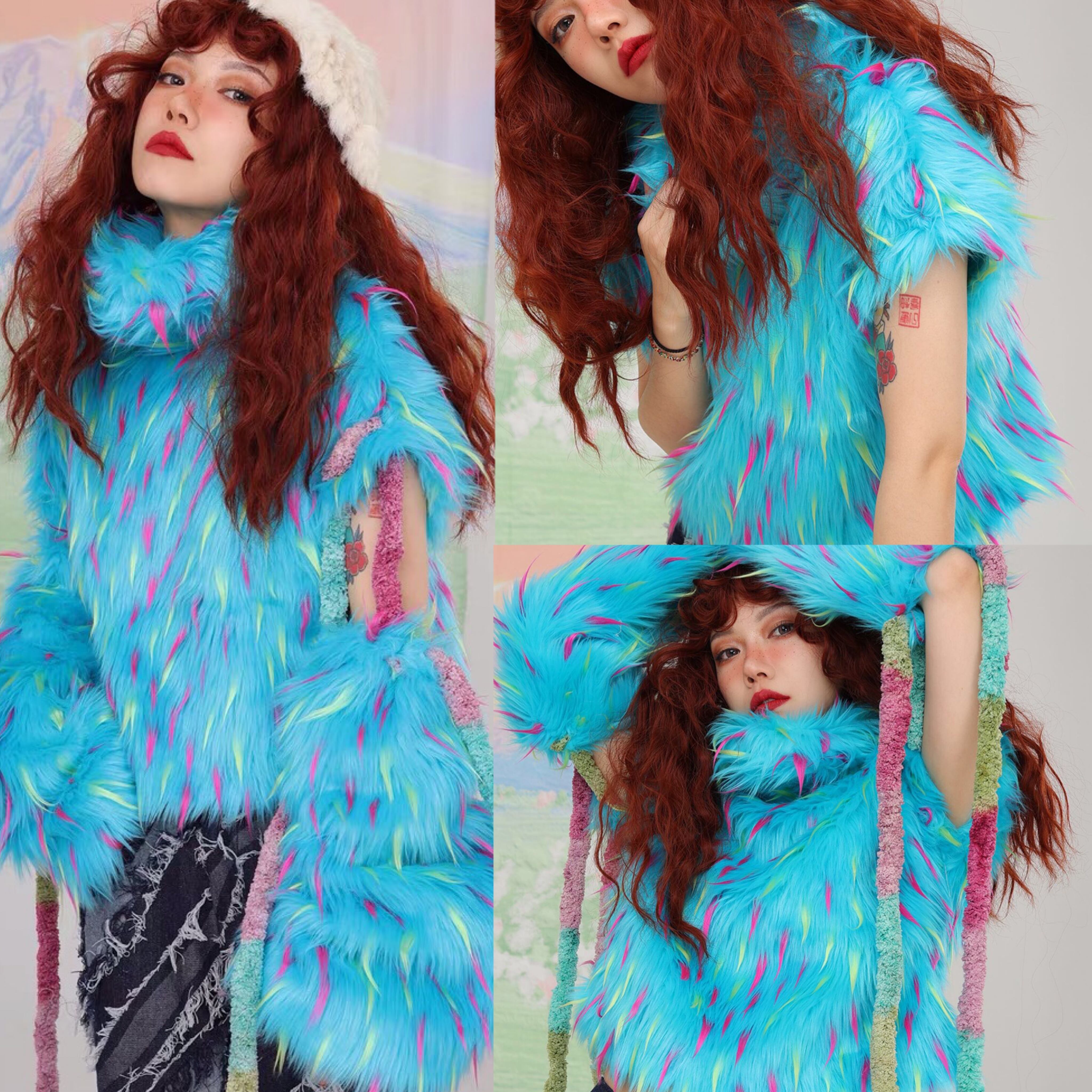 コート トレーナー スウェット ファー アームウォーマー 蛍光 水色