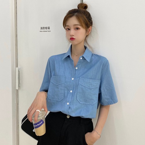 ✞ きれいめ清楚系☆デニムブルー シャツブラウス ロング ✞ゴスロリ SM ミリ 甘ロリ クラロリ 和ロリ エレガント 黒ロリ 姫ロリ 華ロリ BB-BB1844884