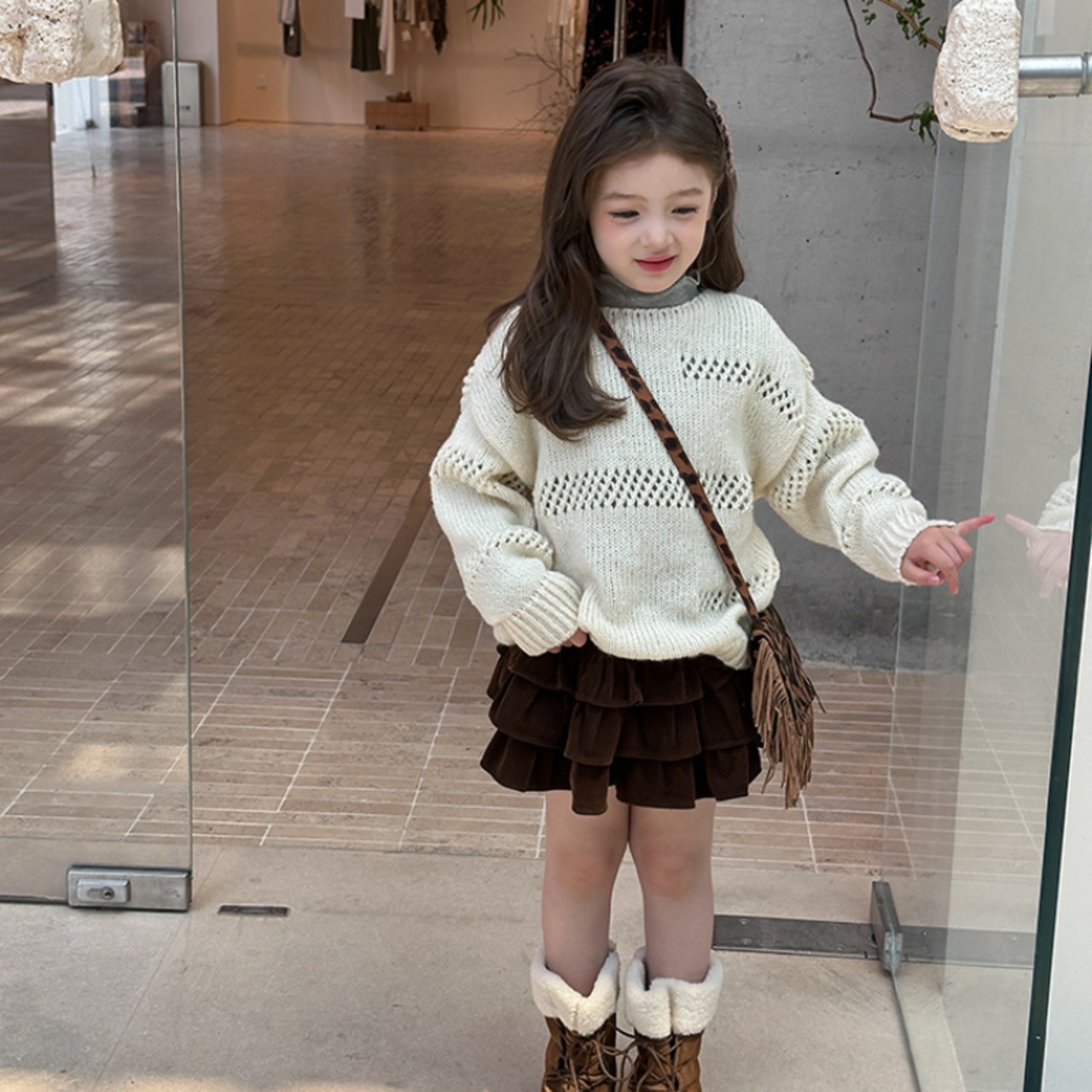 秋オープンワークニットシャツ