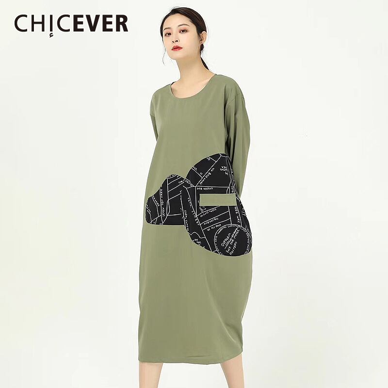 CHICEVERプリントレディースドレスOネック長袖ウエストヒットカラールーズミディドレス2020 ロング 6base548475813879