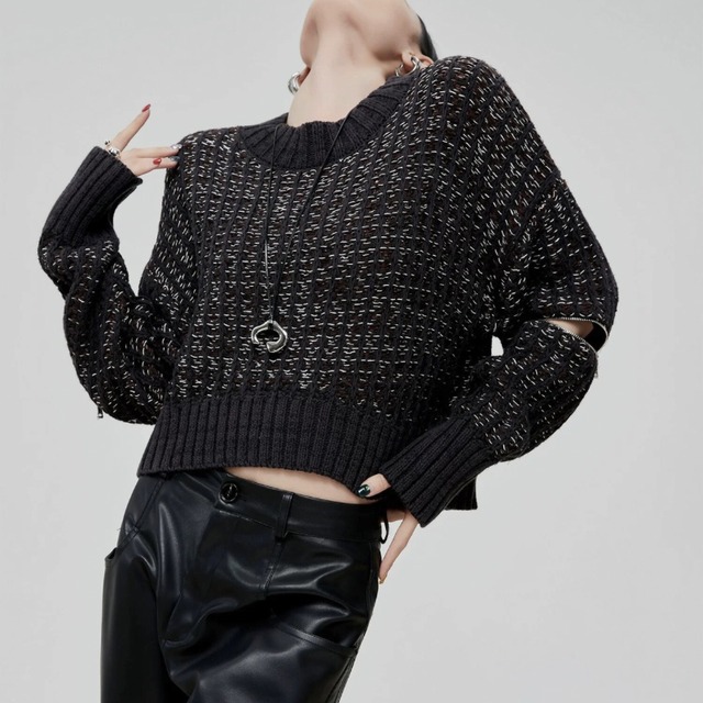 Zip slit sleeve textured knit C1413