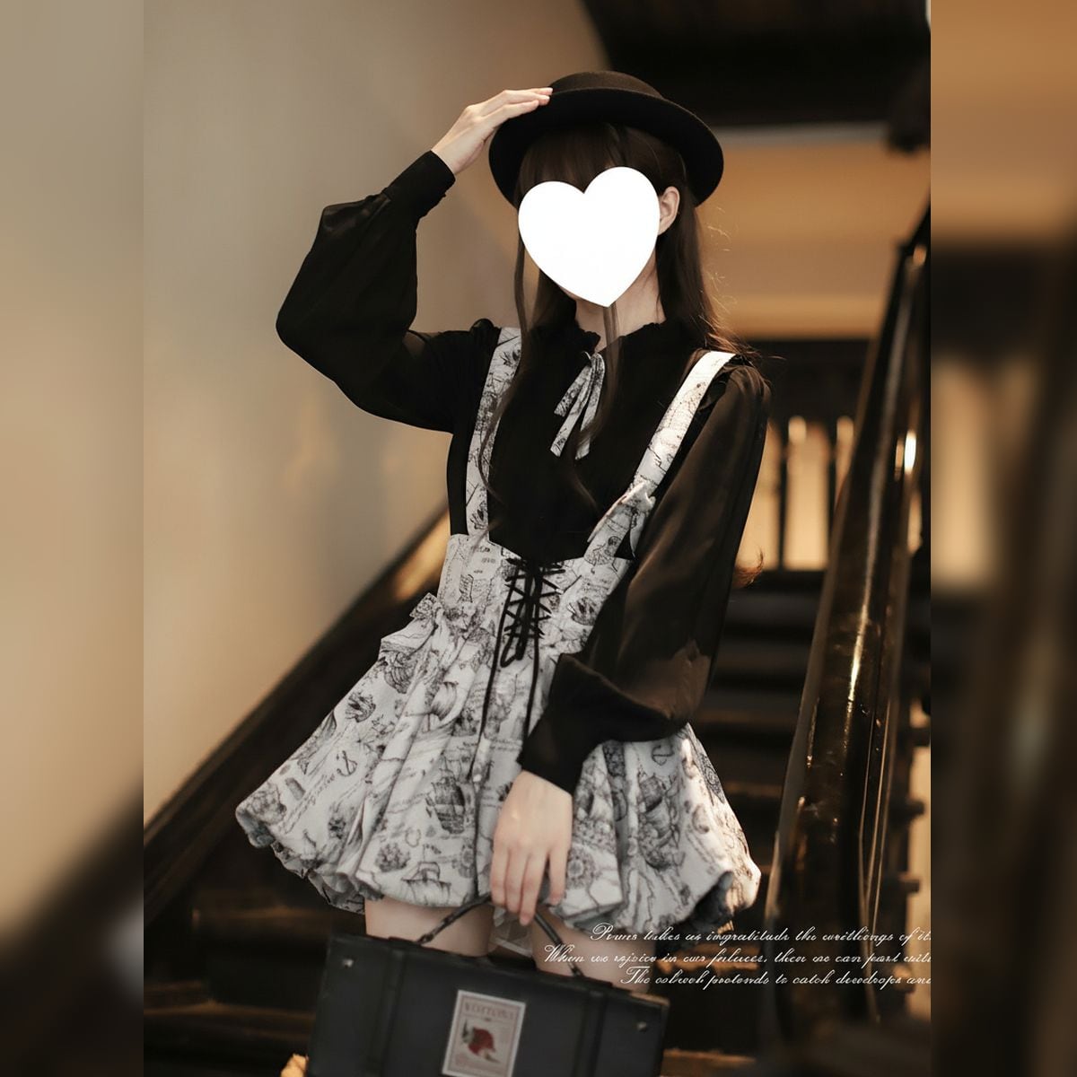 クラシカルリボンブラウス×アンティーク柄スカートセット：トップス