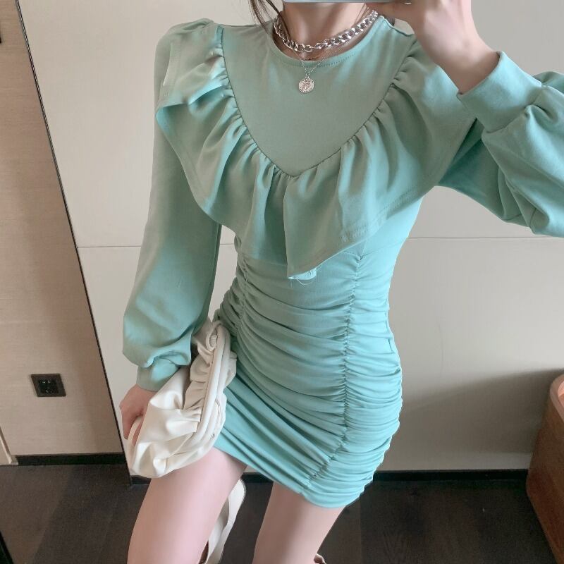 ドレス ラッフルショートスカート スプリングスリム ロング 春物 ブラックストロベリース74957586057