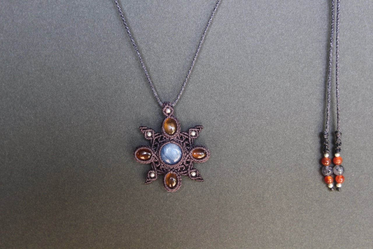 Kyanite & Hessonite Garnet micro macrame mandala pendant