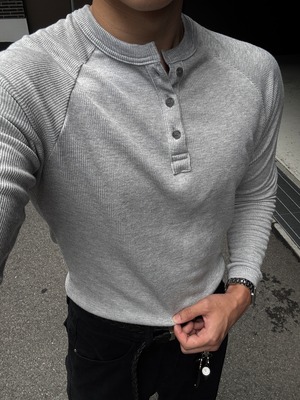 【Muscle Fit】Ribbed Henley Neck Long Sleeve Knit (4color)