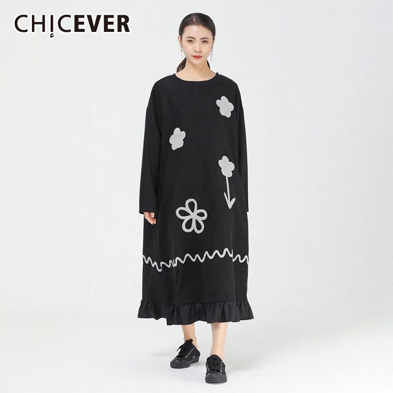 CHICEVERフローラルプリントドレスレディースOネック長袖ヒットカラールーズヒットカラーストレートドレス2021服 ロング 花柄 6base575541292687