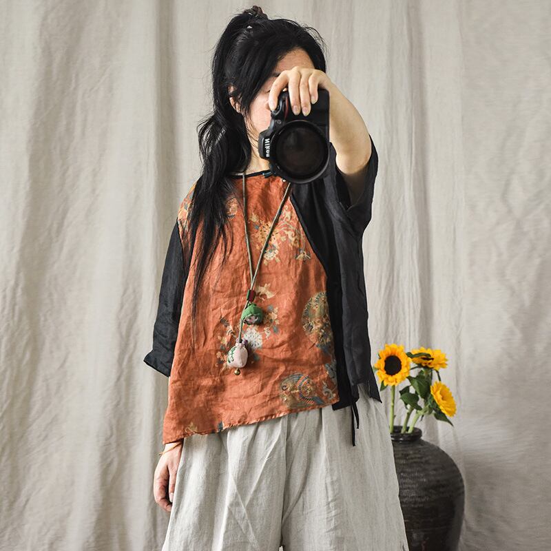 パッチワークボタンブラウス ショートシャツ コットン レース レースアップ Yiranxuaディースワード92491910001