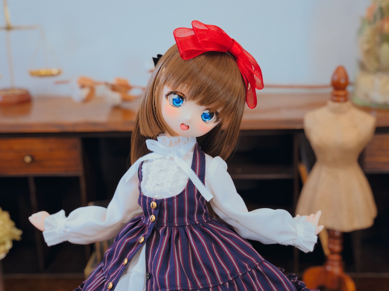 MDD対応OF【おしゃまティアードジャンパースカート（レジメンタル紺色）】MDD Outfit【Oshama Tiered jumper skirt(regimental stripe navy blue)】 - 5