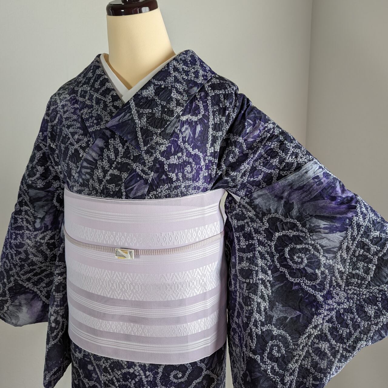 夏物 浴衣 有松鳴海絞り 木綿 黒紺色 ふくろう柄 Lサイズ 2037mes 新品 