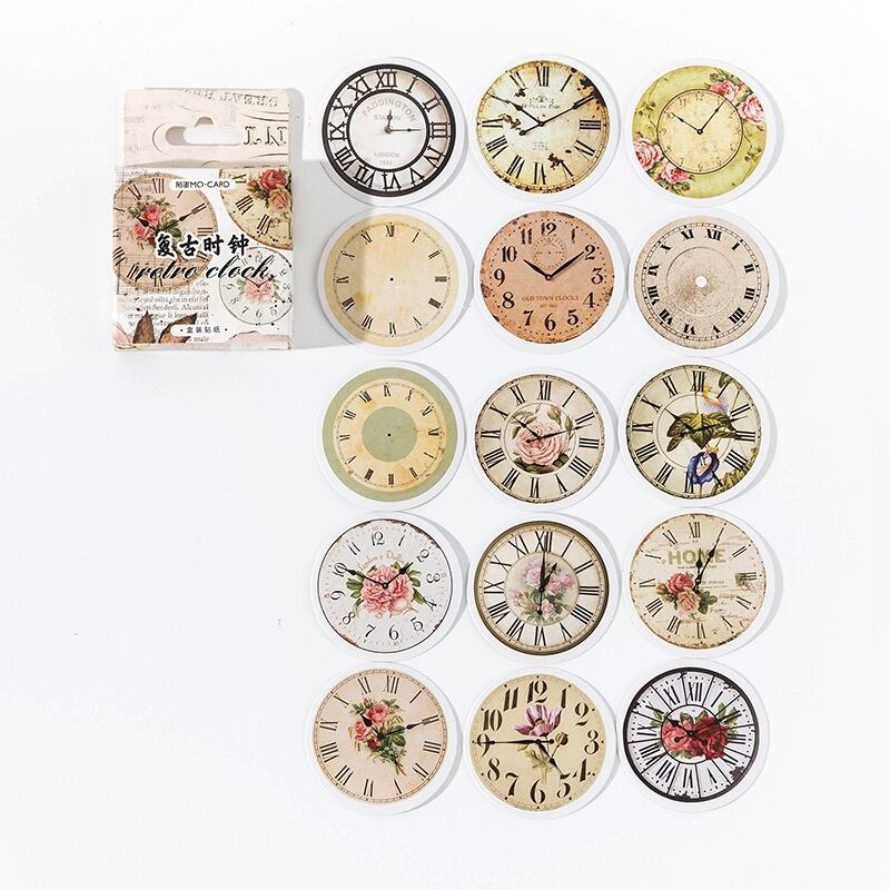ビンテージ系シール レトロな時計 45枚 海外製 時計の文字盤を集めた丸