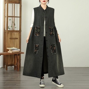 STITCH DESIGN STAND COLLAR A-LINE LONG DENIM VEST COAT 2colors M-14491
