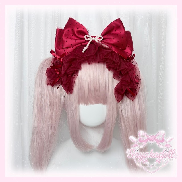 ♡ ドット柄 チュールリボン フリルレースカチューシャ red ♡