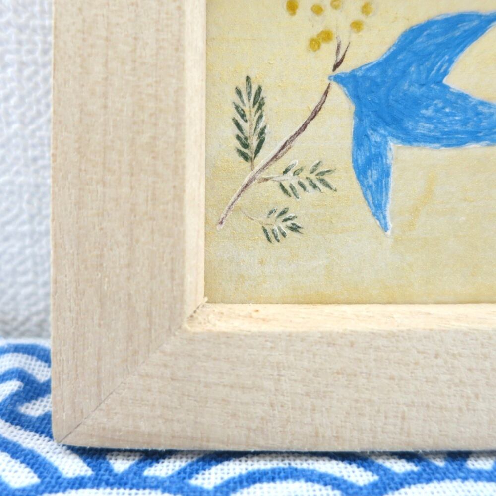 日本画原画】幸福の青い鳥とミモザの花 絵画 ミニ額付き ミニアート