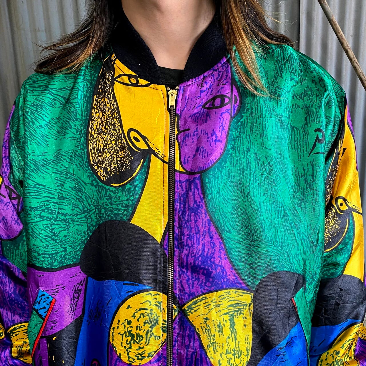 古着屋□□□□_jacket〜90s Piaasso ピカソ　ブルゾン　総柄　アート　赤リブ　中綿　ピンク系