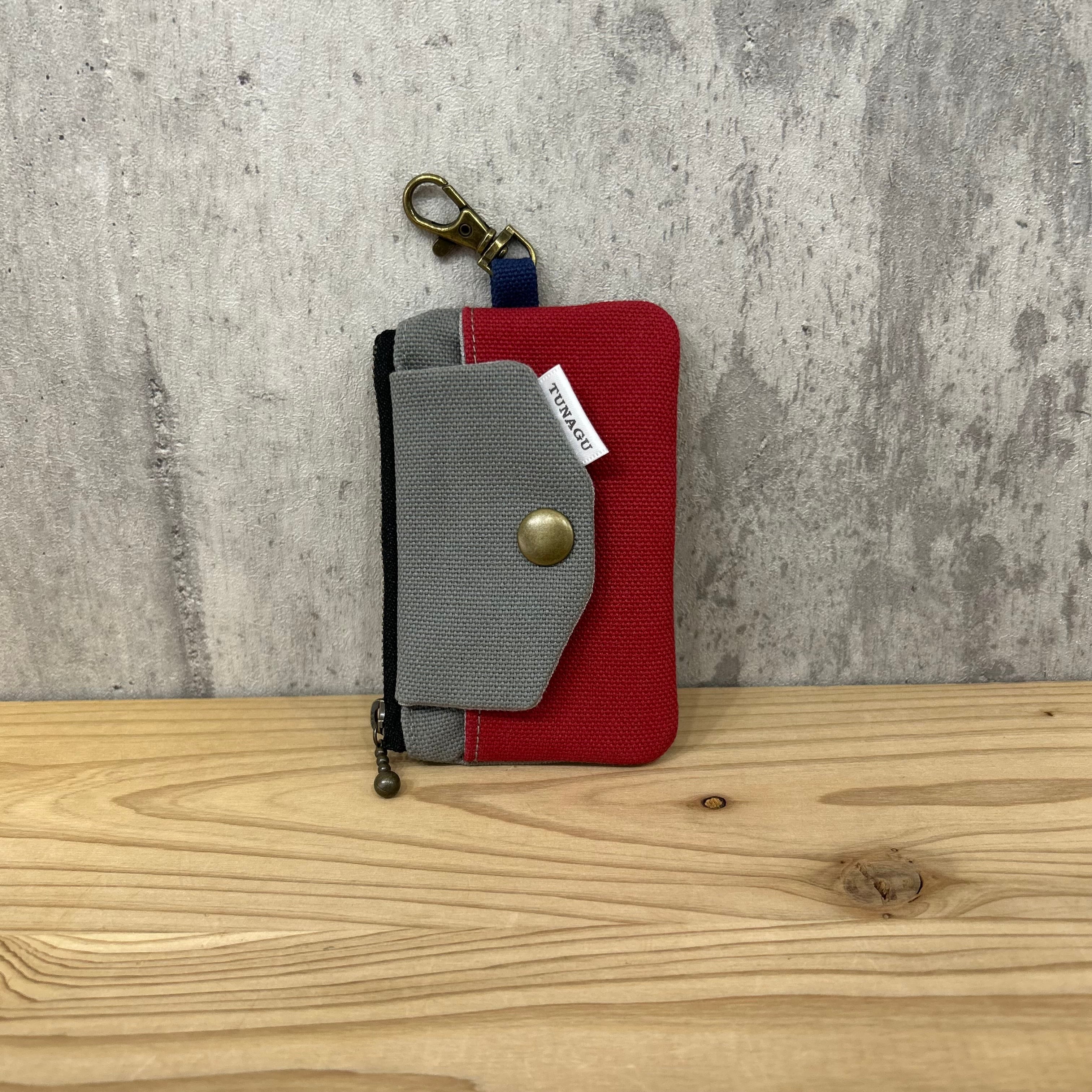 .+*Mini Wallet / カードや小銭、お札入れに【グレー×濃赤】
