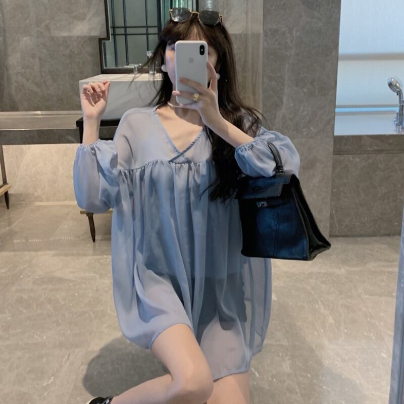 スタイルスリーブルーズシフォンシャツ Vネック ランタンスリーブ ハンチェンe22185472173