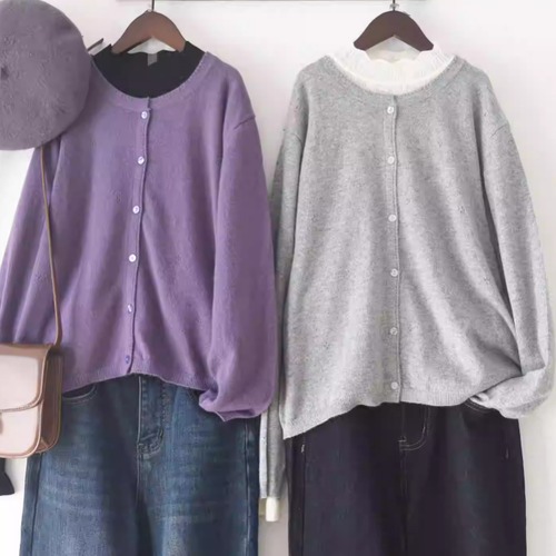 3色／ノーカラーニットカーディガン ・10005