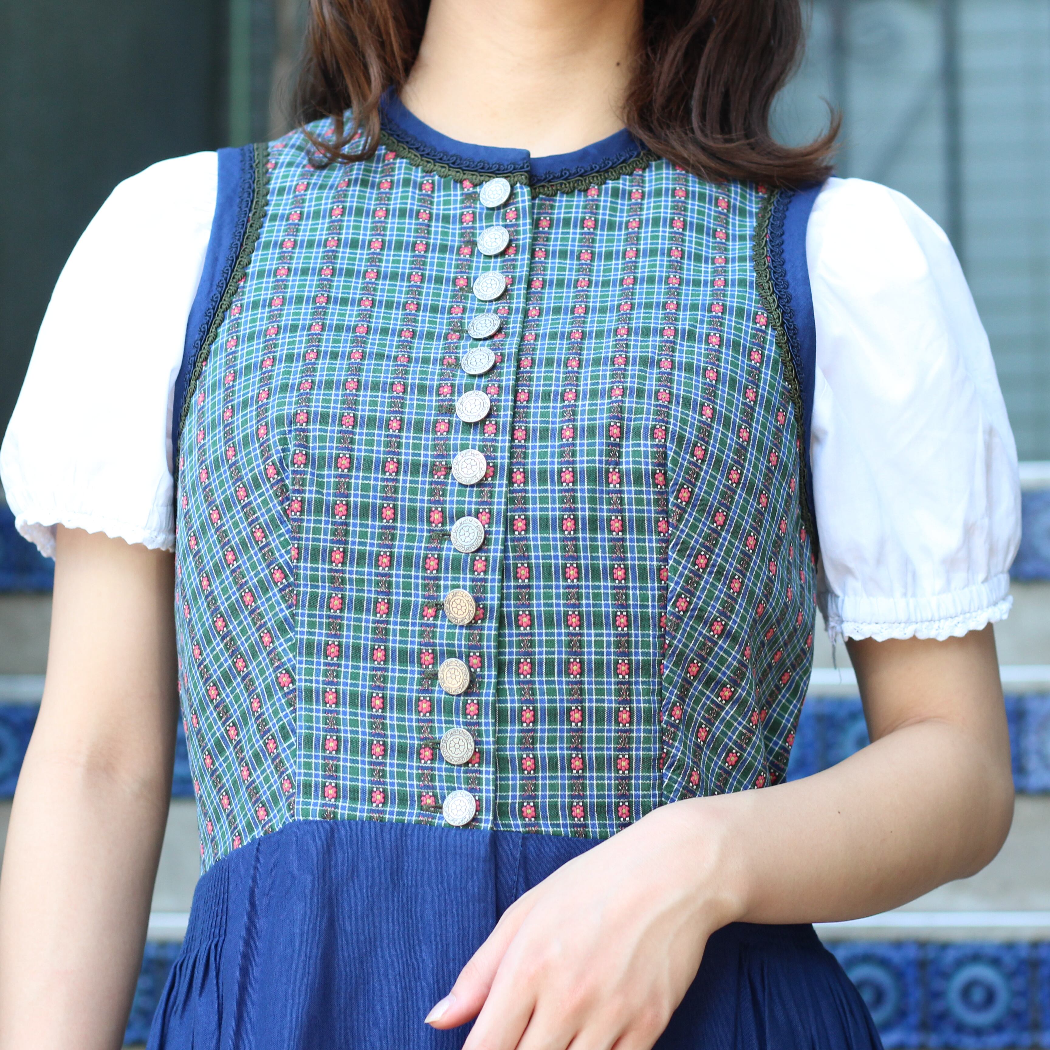 45 割引ブルー系 L大注目 Eu Vintageヨーロッパ古着クローバー柄ディアンドルチロリアンワンピース ロングワンピース ワンピース ブルー系l Urbanfarminginstitute Org