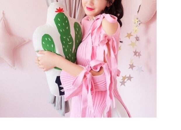 ☆ピンク セーター リボン ニット トップス ガーリー オフショルダー