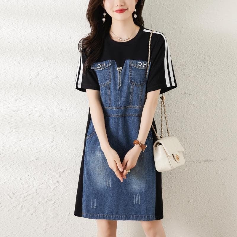 デニムワンピース レディース 春夏 半袖ワンピース ひざ丈 きれいめ