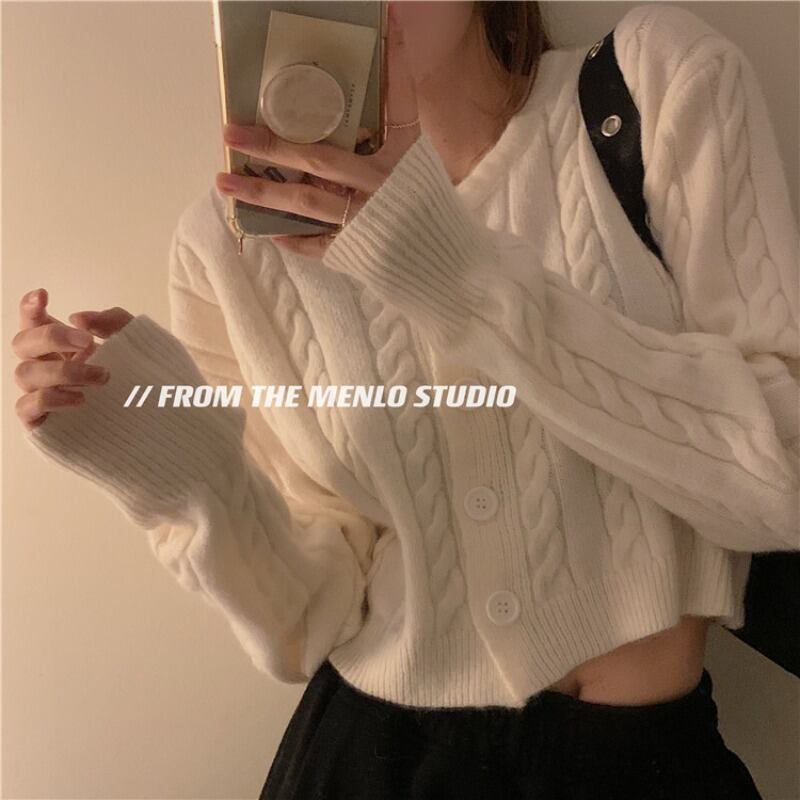 セーター カーディガンジャケット ルーズショートニットオータムウィンターホワイトブラウス 秋物 冬物 ブラックストロベリース85205375089