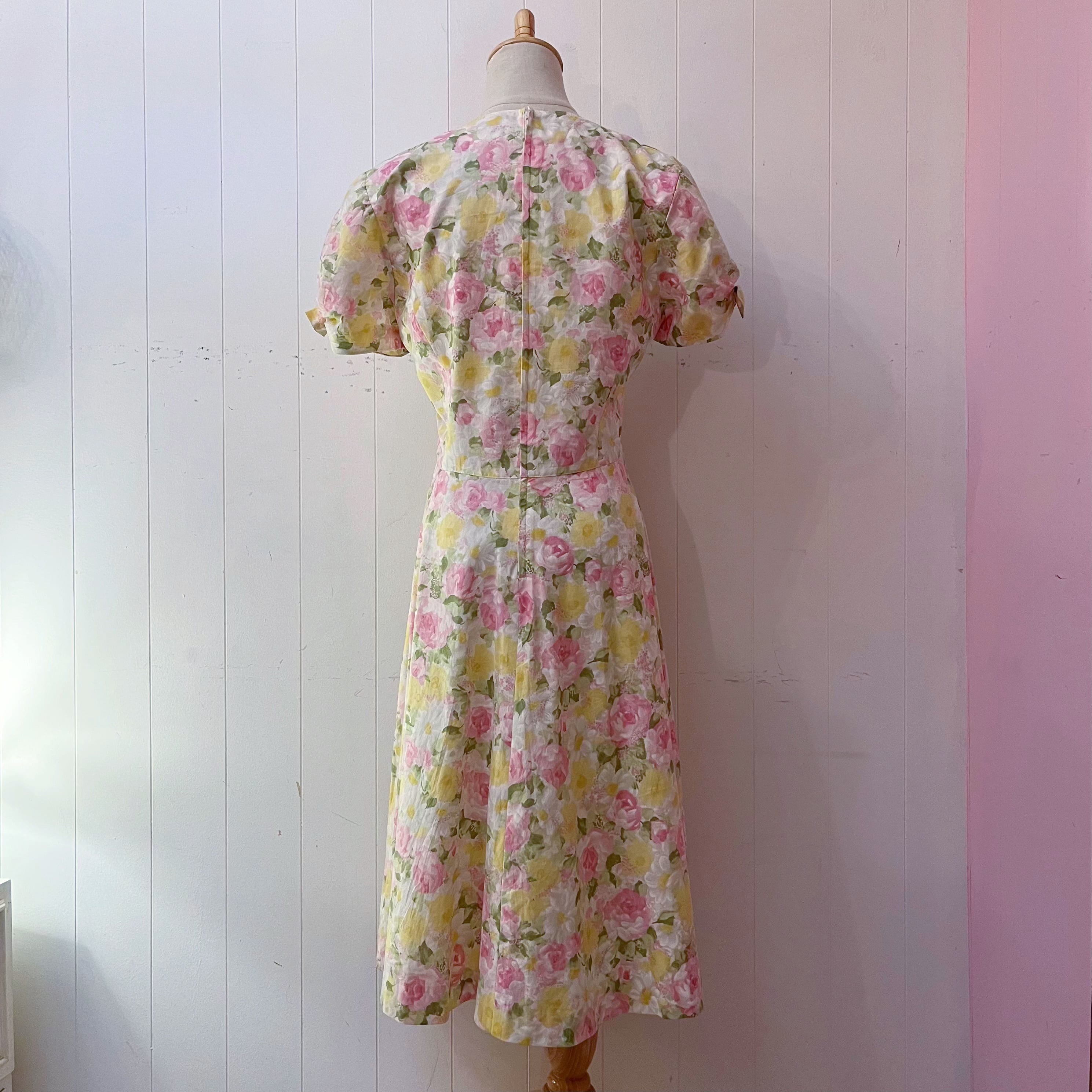yellow pink flower ribbon sleeve one-piece