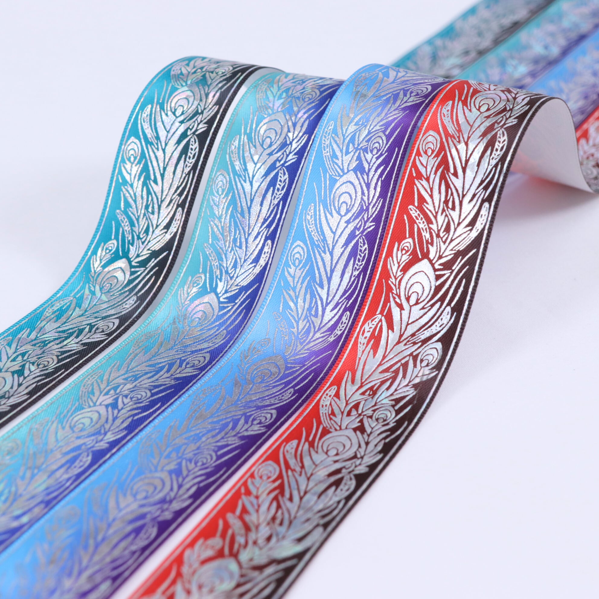 クジャクの羽 柄 サテン リボン 幅約25mm 布 プリント シルバー