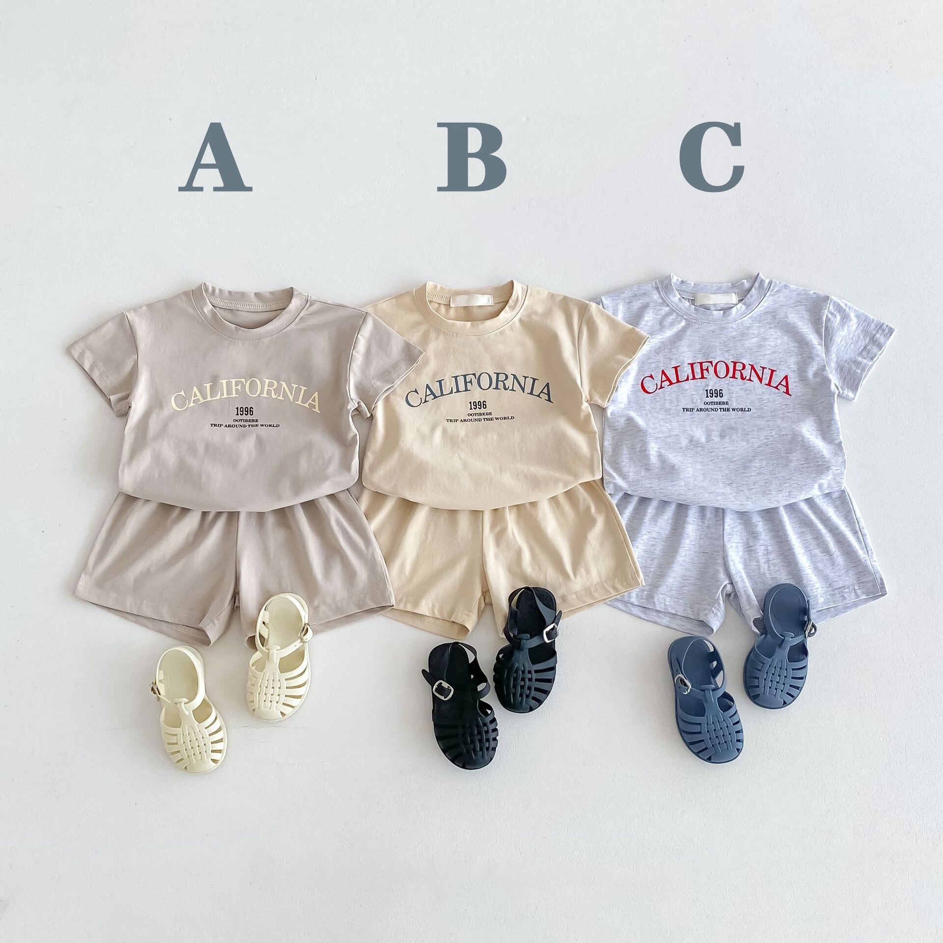【予約販売】80-130cm アメカジライクなこなれ感 ヴィンテージ風のCALIFORNIAロゴ半袖Tシャツ&ショートパンツ上下2点セット✨
