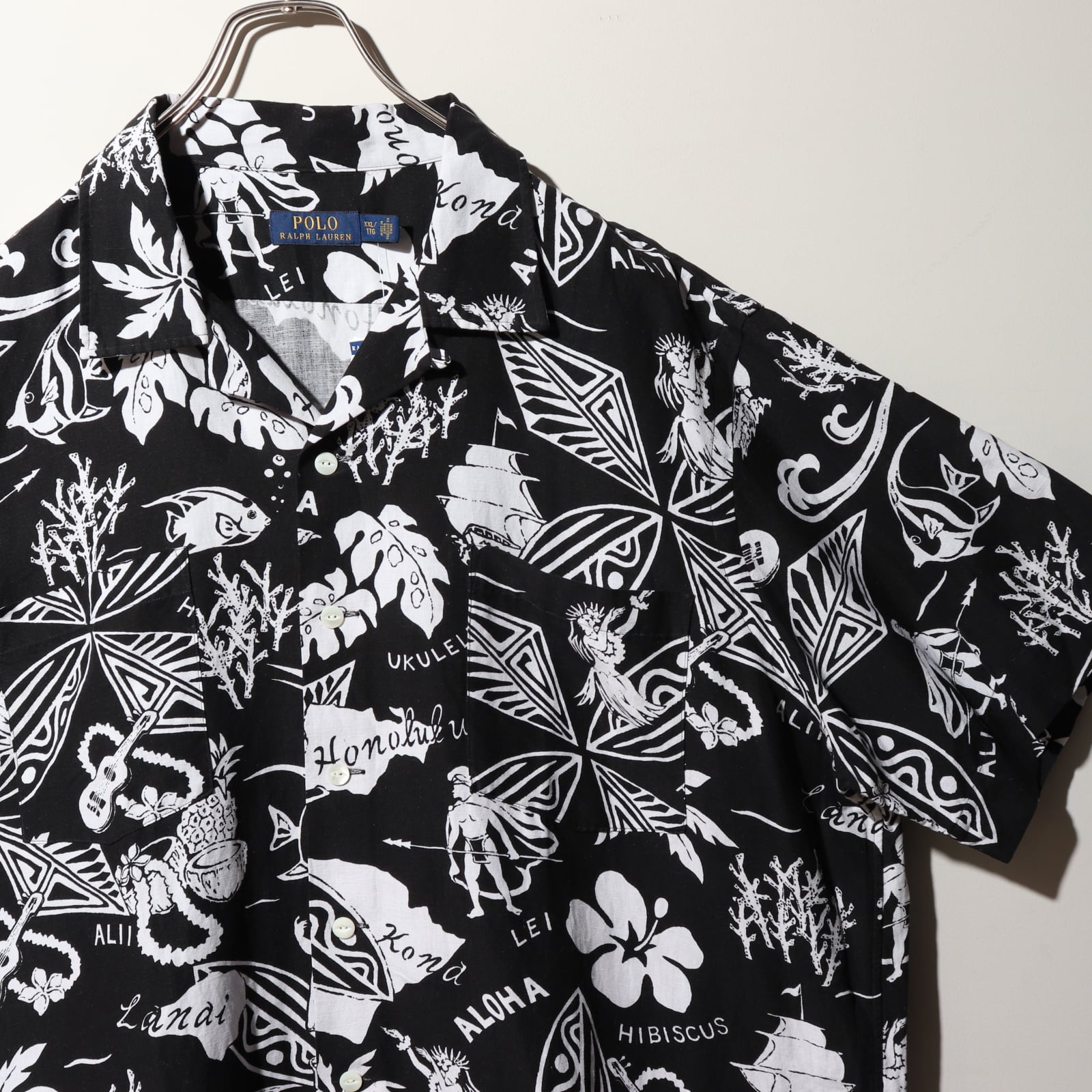 新品 2XL ポロラルフローレン 半袖開襟アロハシャツ 総柄 黒 ブラック 